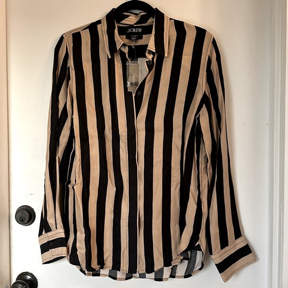 J Crew Classic fit cupro blend shirt in stripe Tan Black Button Down 8 NWT - Picture 2 of 7